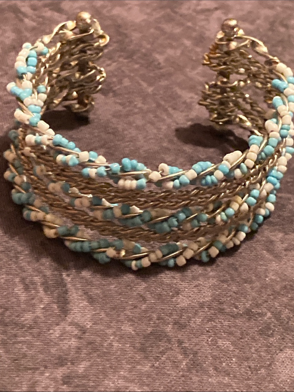 Aqua & White Beaded Wrap Bracelet Cuff with Silver-Tone Wire